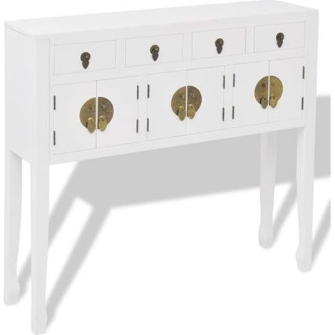Console orientale 4 tiroirs 3 portes bois massif blanc Meva (1/4)