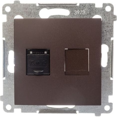Prise jack 3,54 ch (RJ45 Cat6) Simon 54 à obturateur, marron mat D61.01/46