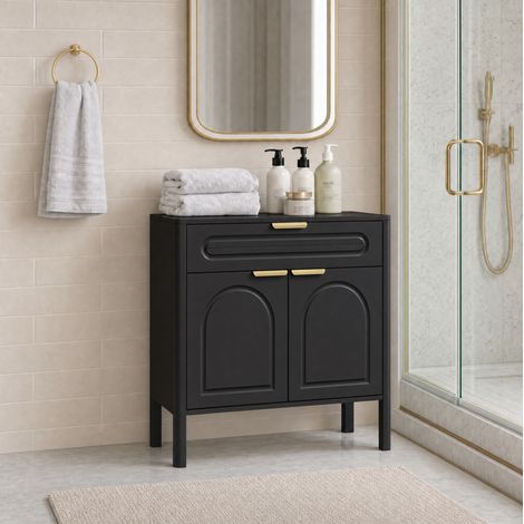 MODFU – Credenza contenitore 75x36x78,5 cm in legno ingegnerizzato con cassetto, 2 ante, maniglie dorate, bordi arrotondati, carico 45 kg e cerniere rinforzate – Nero (1/5)