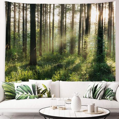 (150 cm x 200 cm) Wandteppich „Sonnenscheinwald“ – Morgensonne durch die Bäume