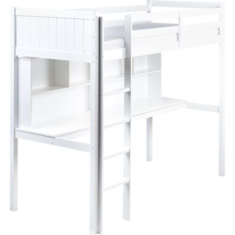 Cama alta infantil con escritorio y escalera cama loft estructura de madera de pino somier multifuncional habitación infantil blanco Foucamont (1/5)