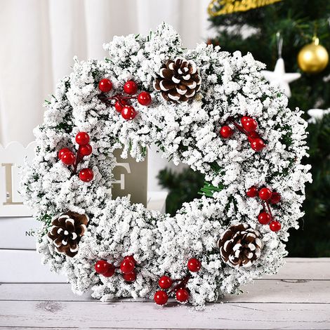 Couronne de Noël de 40,6 cm, couronne de Noël extérieure avec lumières LED, 4 fleurs de poinsettia artificielles rouges, boules de Noël, pommes de pin, baies pour porte, mur,  cheminée, décoration de  (1/3)