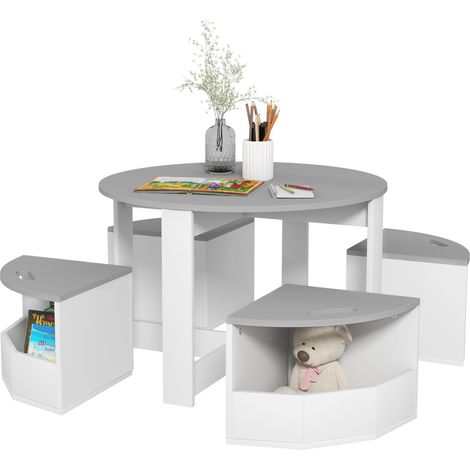 Table enfant en bois gris avec 4 tabourets et rangement intégré, design gain de place pour chambre ou salle de jeu. (148 caractères) (1/5)