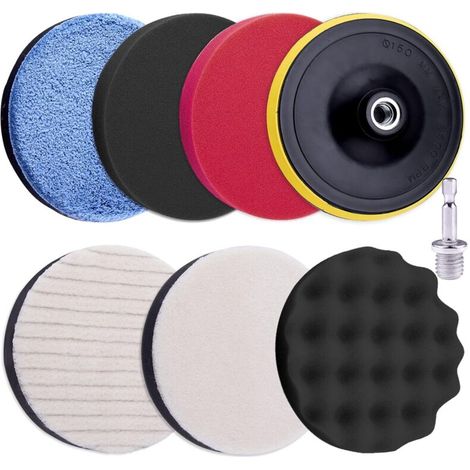 Kit per la lucidatura dell'auto, comprensivo di 8 tamponi lucidanti, una spugna lucidante da 125 mm, una spugna in schiuma e un accessorio per la lucidatura con adattatore per trapano M14. (1/4)