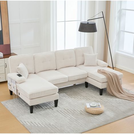 Sofa in U-Form 4-Sitzer aus Cord Beige 250 cm mit Doppel-Chaise-Longue und USB/Type-C (1/5)
