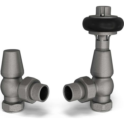 Signature Wooden Head - Natural Pewter Thermostatic Radiator Valve & Lockshield Angled 15mm (1/2)