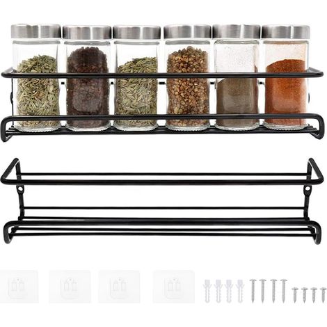 2-Piece Spice Rack, Wall-Mounted Spice Rack, Kitchen Spice Storage, Carbon Steel, Easy-to-Install Kitchen Spice Holder, for Spices, Herbs, Jars, and More (1/5)