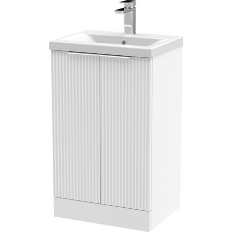 Contemporary Fluted Front Floor Standing 2 Soft Close Door Bathroom Vanity Unit with 1 Tap Hole Ceramic Basin 500mm, Satin White