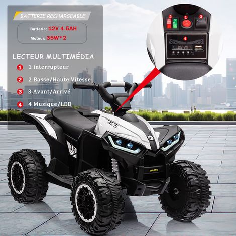 Quad électrique enfant 12V – 2 vitesses 3-6 km/h – LED, musique, klaxon – Voiture tout-terrain jouet – Cadeau idéal 3-6 ans – Couleur blanche (1/5)