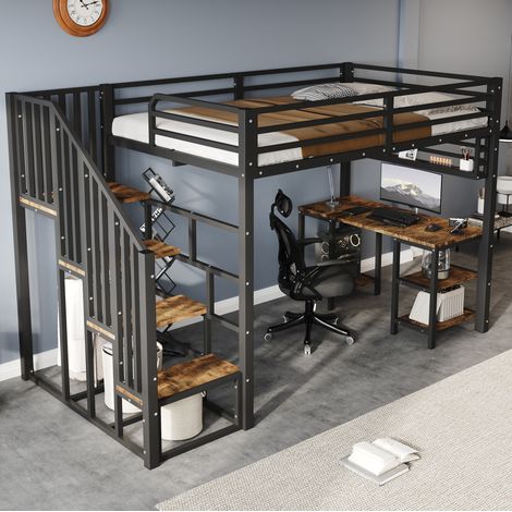 Letto a soppalco 257x124x160 cm, con scrivania integrata, scale con corrimano, metallo e legno, nero (1/5)