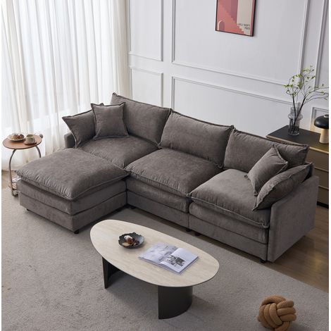 Sofá de esquina de chenilla gris, 3 plazas con chaise longue modular y puff móvil (1/5)