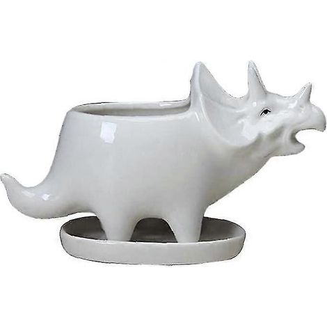 Sukkulenten-Pflanztopf, Dinosaurier-Pflanzgefäß mit Keramikschale, niedlicher Triceratops, weiße Kaktusblume, Outdoor-Blumentopf (1/5)