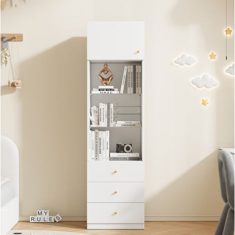 Vitrine haute blanche avec porte vitrée, 3 tiroirs et rangement, 50x40x180 cm (1/5)