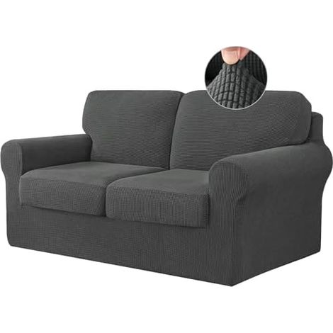 Housse de canapé avec dossiers séparés et coussins, antidérapante avec élastique, 2 places, gris foncé (1/5)