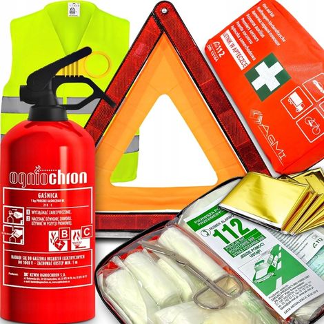 KIT D'INSPECTION EXTINCTEUR 1 kg TROUSSE DE PREMIERS SECOURS POUR VOITURE TRIANGLE DIN GILET