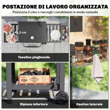 Barbecue Ă charbon mobile avec grille ajustable et plateaux rabattables, acier et PP, dimensions 133,5x65x110 cm, couleur noire (1/5)