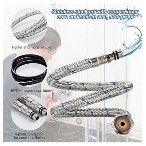FENOPLASTICATuyau de Raccordement G 3/8 DN6 de 80cm de longue pour Robinet D'eau, Filetage de Compression Tuyau d'eau flexible 2 Pièces (1 Paire) (1/3)