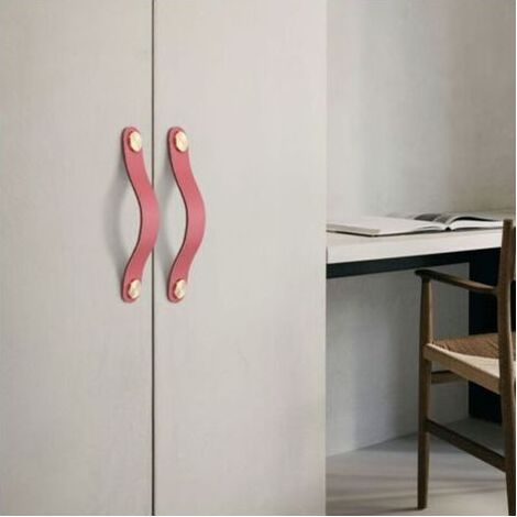 Set aus 2 Schranktürgriffen aus Messing und rosa Leder, 160 mm lang, mit Schrauben, geeignet für Schränke und Küchen. (1/4)