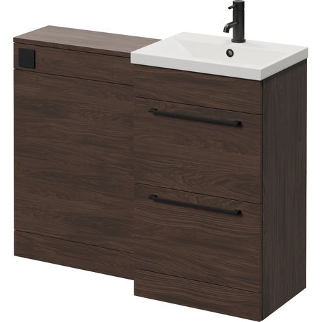 Napoli 390 Cento Brown Oak 1100mm 2 Drawer Vanity Unit Toilet Suite with Glide Basin - 1100mm - Matt Black 320mm HandleWithout Kingston Toilet Pan