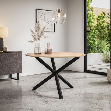 Malvern Round Dining Table Oak Effect Table Top w Solid Black Oak Legs (1/4)