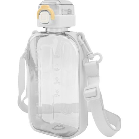 750-ml-Trinkflasche, flach, transparentes Polycarbonat, auslaufsicher, tragbar, schlank, Sportflasche mit Skala und Tragegurt für Reisen, Fitnessstudio und Camping, weiß (1/5)