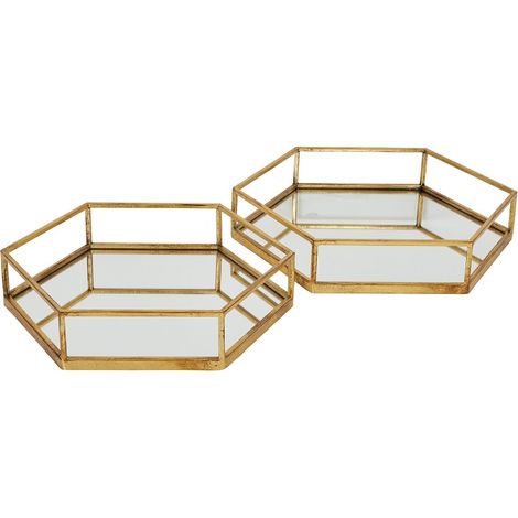 Hexagon Set of Two Trays - Glass/Metal - L43 x W50 x H9 cm - Gold
