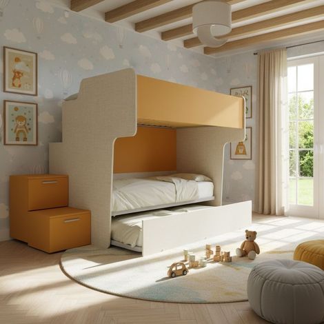 Letto a castello salvaspazio con rete superiore da una piazza e mezza e scala laterale - Effetto tessuto e Zolfo