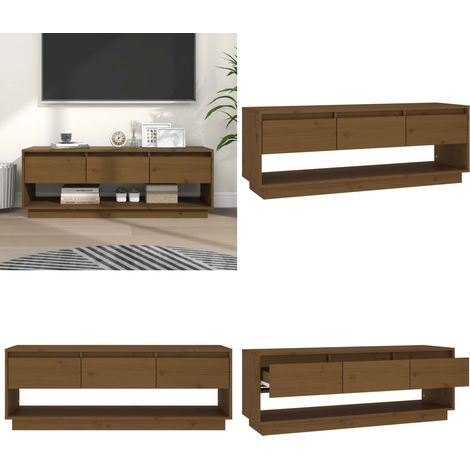 Meuble TV Marron miel 110,5x34x40 cm Bois de pin massif - Meubles Tv - Meuble Tv - Armoire Tv - Télévision - Bois Massif - Home & Living (1/5)