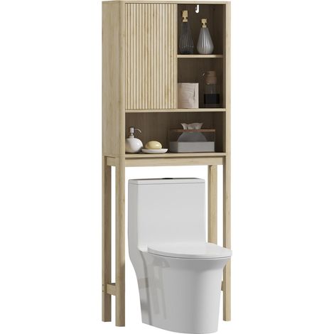 Meuble de rangement au-dessus des toilettes avec porte coulissante, compartiments et étagère réglable, blanc (1/5)