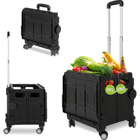 Wolketon Carrello spesa pieghevole 50L con coperchio, 4 ruote, trolley box per spesa e casa, nero