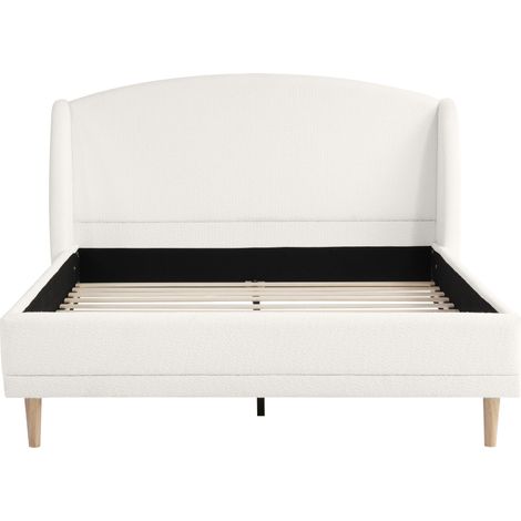 Letto imbottito bouclé bianco avorio 140x190 cm, testiera ad ali, rete a doghe (1/5)