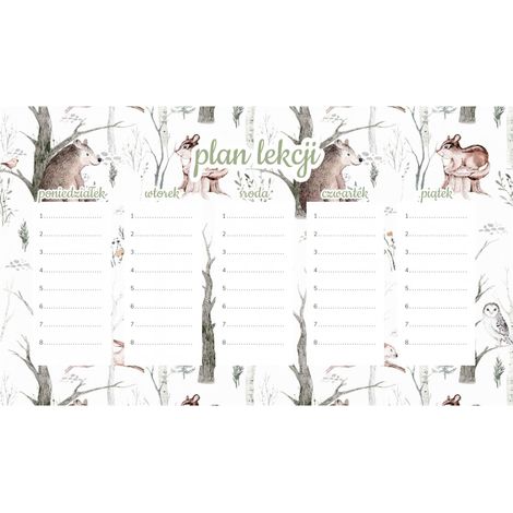 Plan de cours magnétique Animaux de la forêt à l'aquarelle 45 x 26 cm