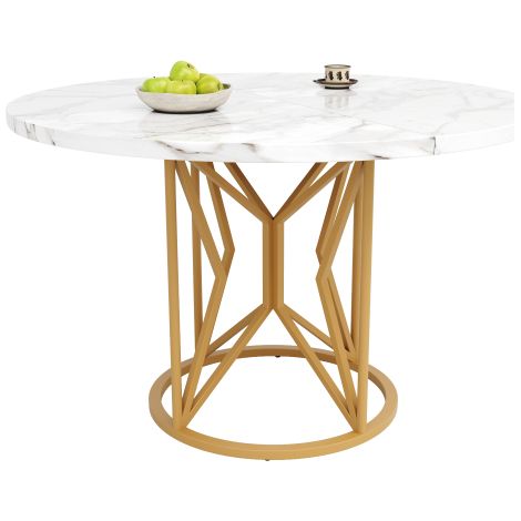 Table ronde 100x100x76 cm marbre MDF pieds métal dorés 4-6 pers