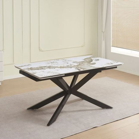 Tavolo allungabile Roxane con piano in ceramica effetto marmo arabesque bianco 160x90x76H