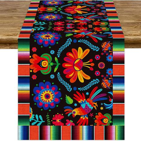 Chemin de table mexicain pour la Fête des Morts, motif floral et crânes, décoration d'Halloween pour salon et meuble TV - 30 x 180 cm (polyester) - WSJZQ-15