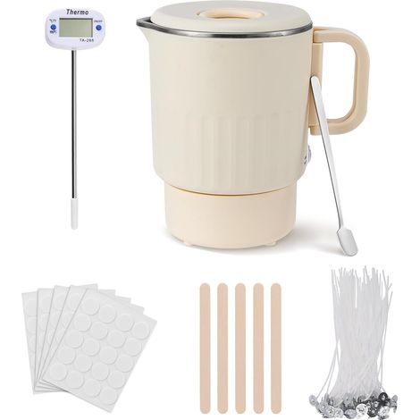 Fondoir Cire Bougie, Electrique Machine de Fonte Bougie avec Bec Verseur Soy Wax DIY Kit Bougies a Faire Soi Meme, 100 Mèches en Cire de Soja Thermomètre pour Débutants Cadeau Activité Maison (1/5)