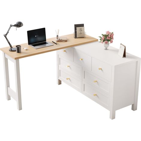 Eckschreibtisch mit 7 Schubladen und 360° Drehbarer Platte, aus Spanplatte, 120 × 40 × 70 cm, Weiß und Eiche (1/5)