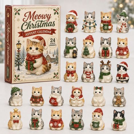 Chat qui offre un cadeau calendrier avent 2026 2D boîte surprise