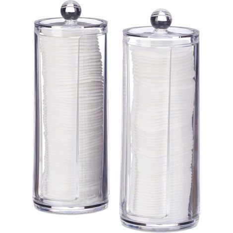 Distributeur Coton, Lot de 2, boîte disques avec Couvercle, 50 par Pot, HxD: 19x6,5 cm, Transparent (1/4)