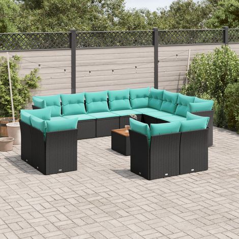 Salon de jardin 13 pièces modulable avec rangement, résine tressée noire et coussins bleus - PANGIVO (1/5)