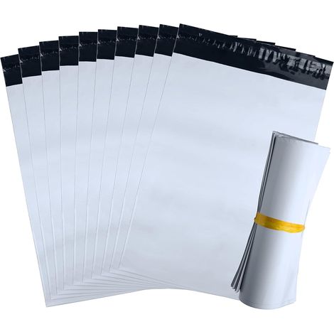 100 enveloppes blanches opaques 28 x 42 cm, pochettes d'expédition plastique, solides, inviolables et imperméables (lot de 100) (1/5)