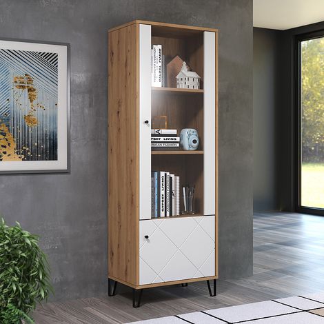 Vitrinenschrank Eiche Artisan Nb. mit matt weiß TORINO-19 modern mit Metallfüßen, B/H/T: ca. 63/171/40 cm (1/5)