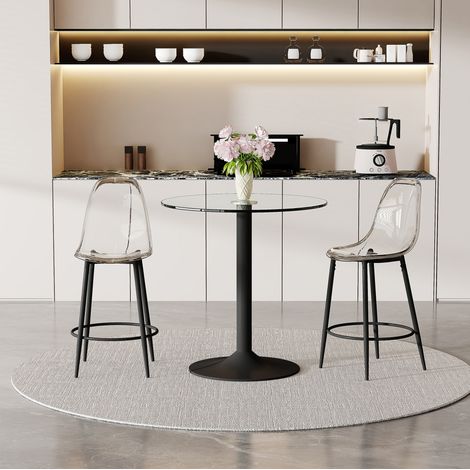 Conjunto de mesa de bar y 2 taburetes, tablero de vidrio Ø89 cm, negro y transparente, DESVIAE (1/5)
