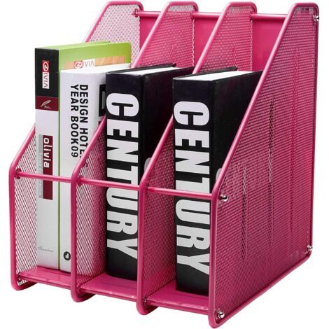 1 Porte-revues, 3 compartiments, métal, organisateur bureau, dossier, A4, rose (1/5)