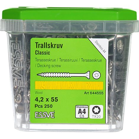 Tornillos para tarimas de madera ESSVE CLASSIC resistentes a los ácidos, tamaño A4, 4,2 x 55 mm, 250 unidades. (1/2)