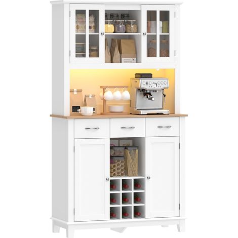 Meuble de cuisine avec éclairage LED, commande par application, plan de travail pour micro-ondes, range-bouteilles, portes vitrées, blanc (1/5)