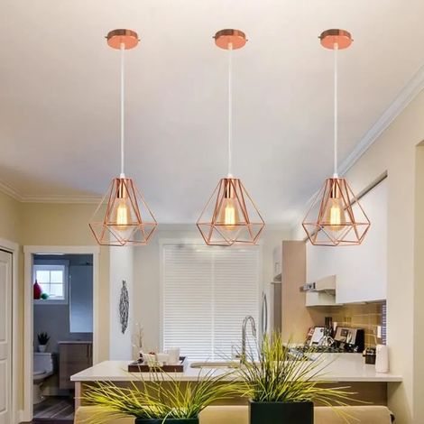 U-DO LOT DE 3 Vintage Lustre Suspension Pendentif Industriel Cage en Fer Forgé Or Rose pour Cuisine Bureau Bar (1/4)