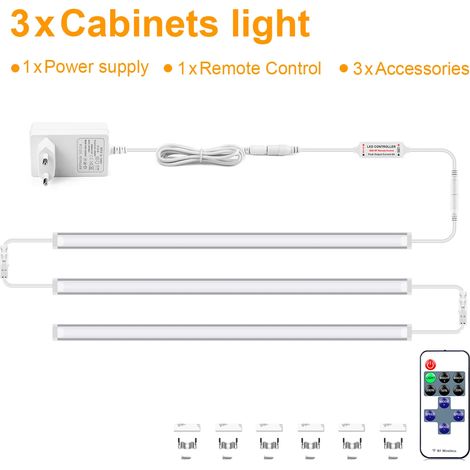 (3 bandes, lumière blanche, 50 cm) Éclairage LED dimmable pour meubles avec télécommande, bandeaux lumineux en aluminium (1/4)