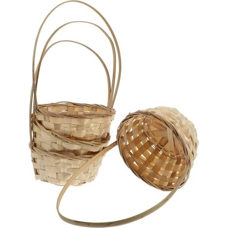 Cesto Intrecciato Bambù Manico Fiori Beige 17x17x28 cm (1/5)