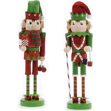 Set di 2 Elfi Soldatini Schiaccianoci Cappelli Rosso e Verde in Legno h38 da Collezione bastoncino candi rifinito con tessuto (1/5)